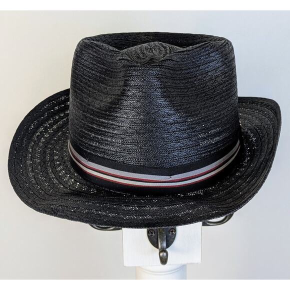 VTG Haband Black Straw Fedora Hat Medium 22" Gray Striped Hatband Made in USA - Picture 7 of 11